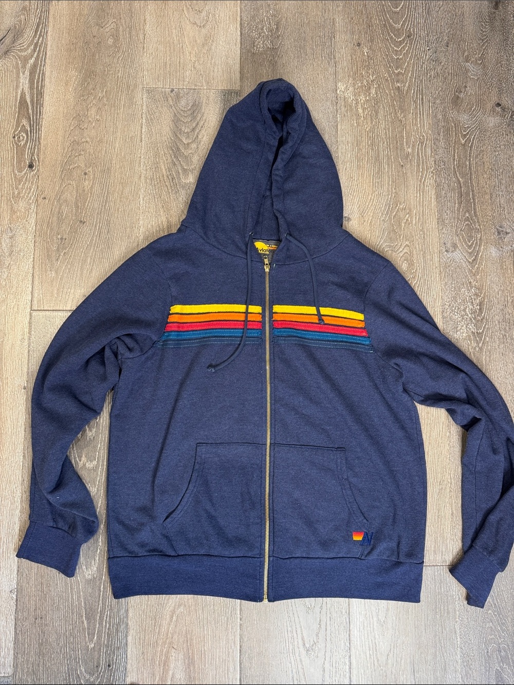 Aviator Nation Navy Zip-Up Hoodie with Yellow Stripe 0763